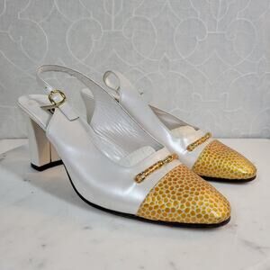Vintage S-D Shoes 8.5 White Gold Sling Back Pumps 3'' Block Heels